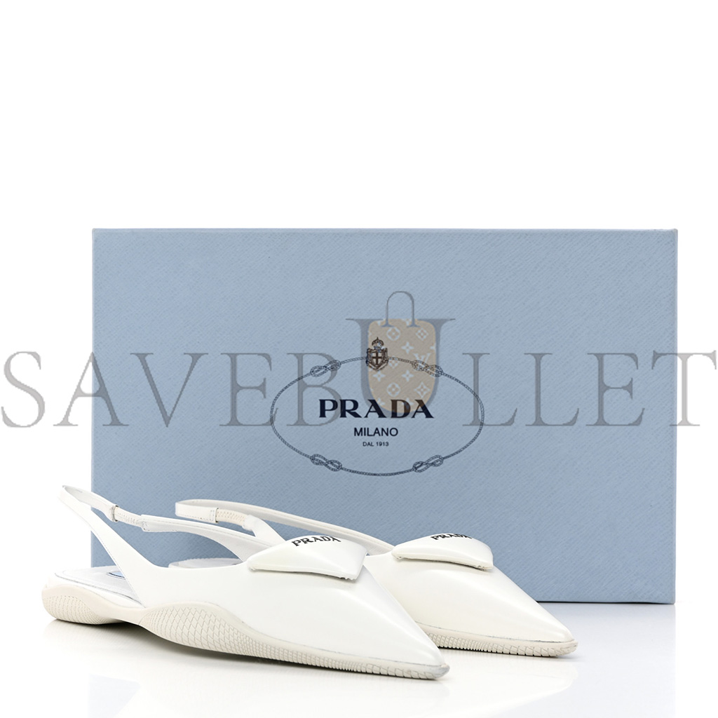 PRADA SPAZZOLATO TRIANGLE LOGO POINTED TOE SLINGBACK FLATS 37 WHITE
