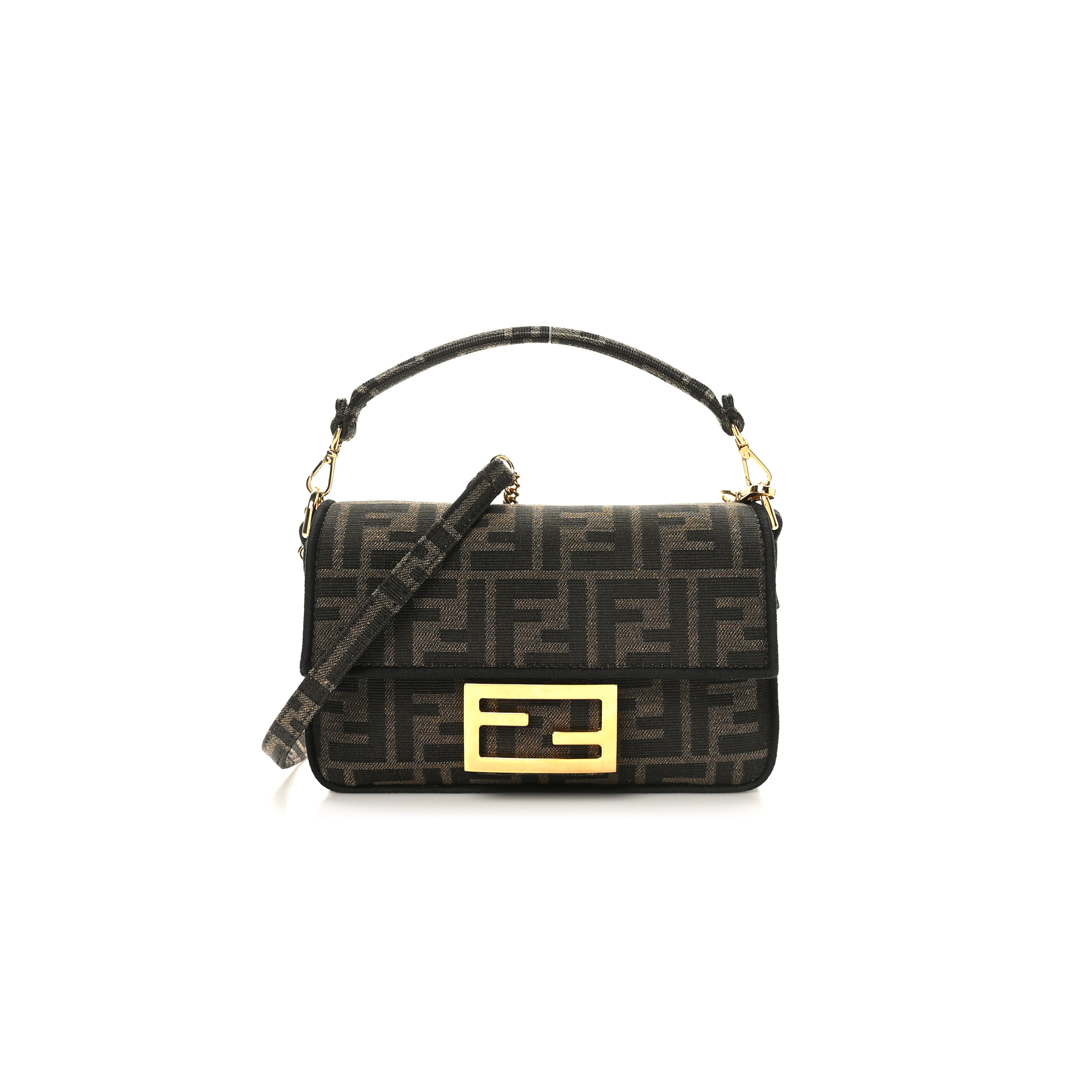 FENDI FABRIC JACQUARD FF 1974 MINI BAGUETTE TOBACCO MORO BLACK (19*11*5cm)