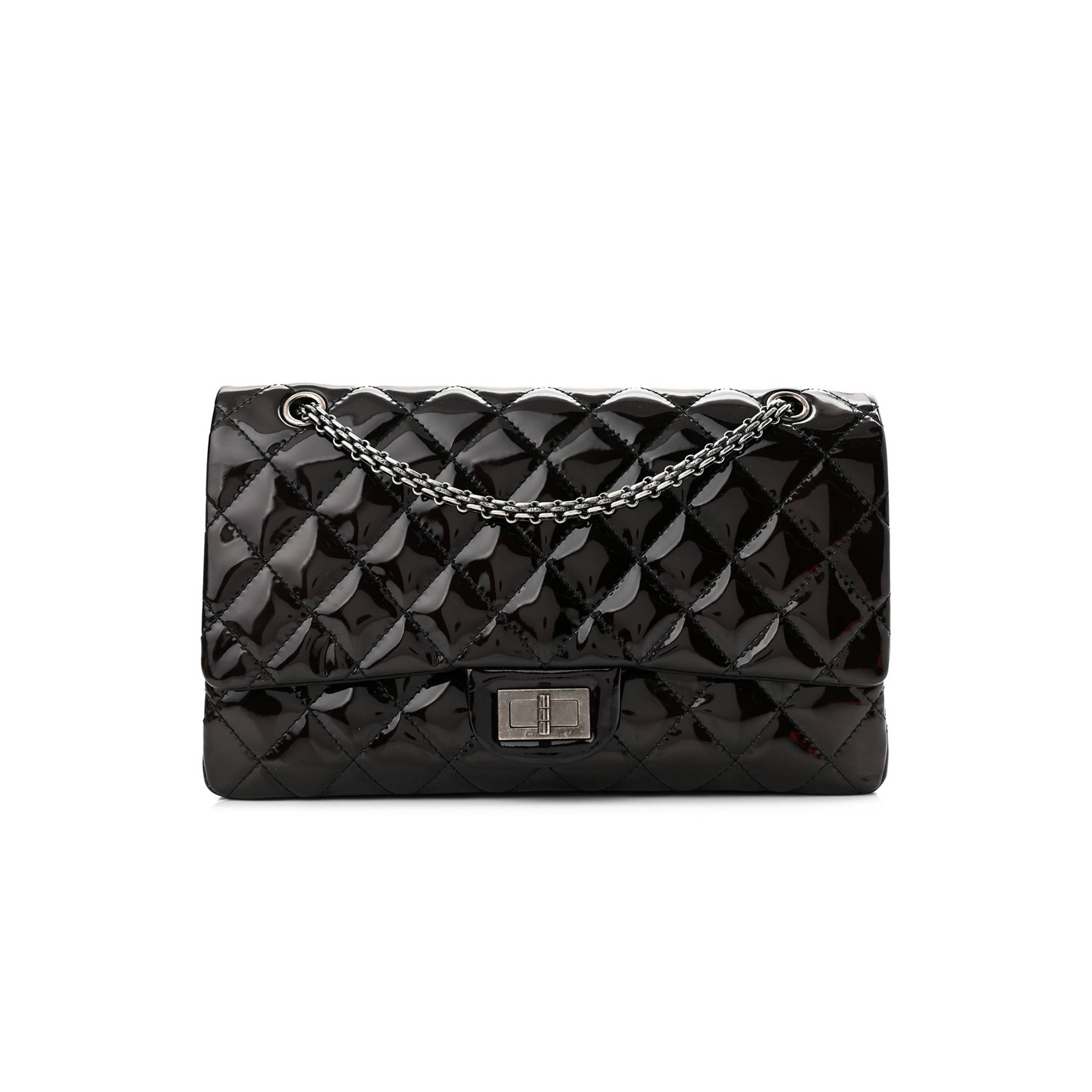 CHANEL PATENT QUILTED 2.55 REISSUE 227 FLAP PRUNE SILVER HARDWARE (30*19*10cm)