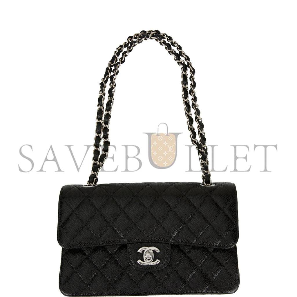 CHANEL SMALL CLASSIC DOUBLE FLAP BLACK CAVIAR SILVER HARDWARE (23*13*6cm)