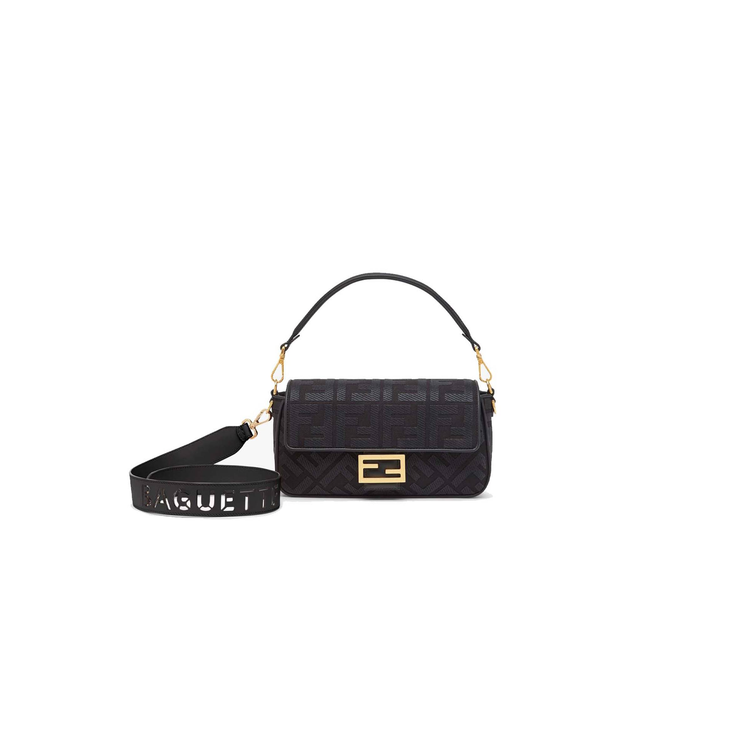 FENDI BAGUETTE - BLACK FF CANVAS BAG 8BR600AMCDF1CFJ (27*15*6cm)