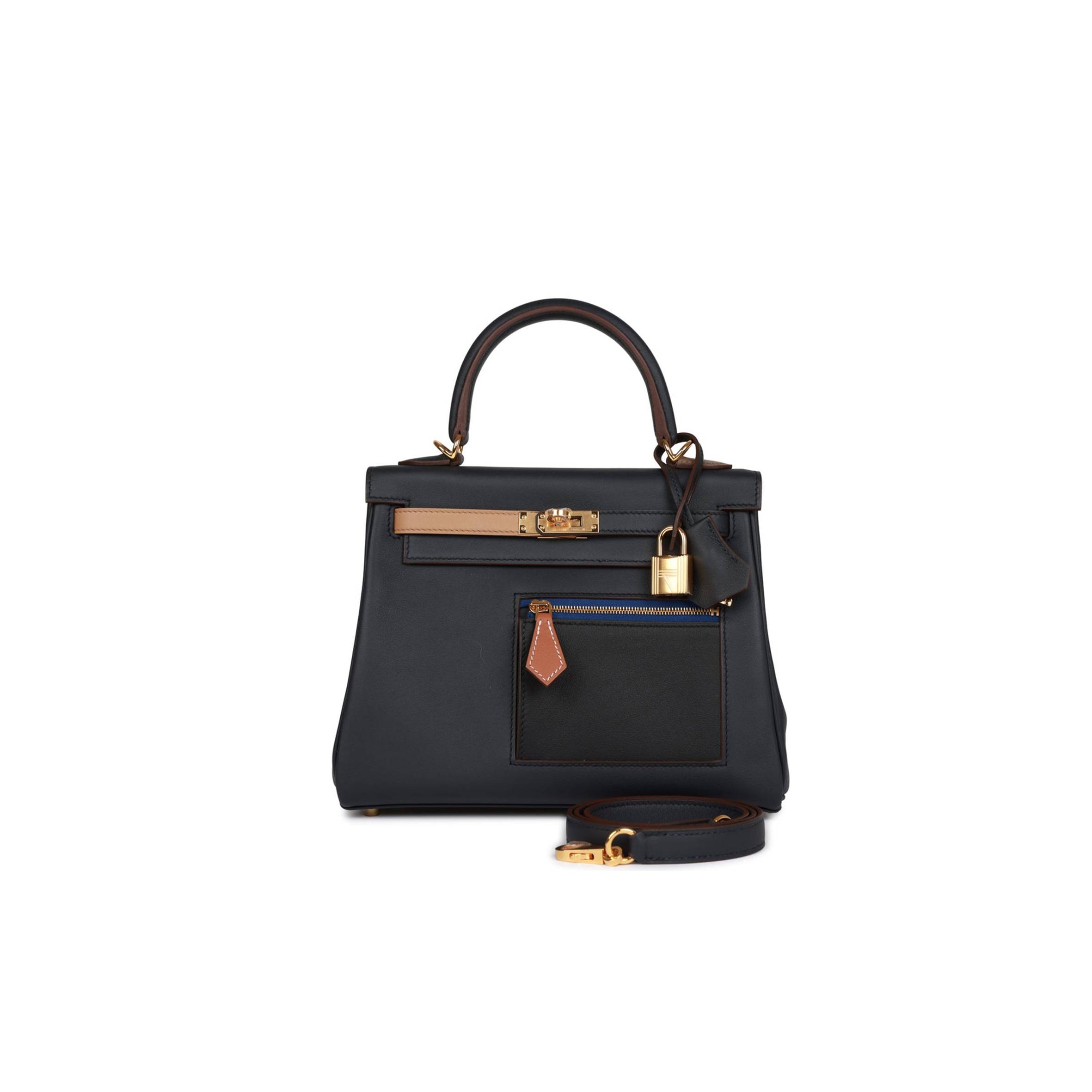 HERMES COLORMATIC KELLY RETOURNE 25 CABAN, BLACK AND CHAI SWIFT GOLD HARDWARE HANDMADE (25cm)