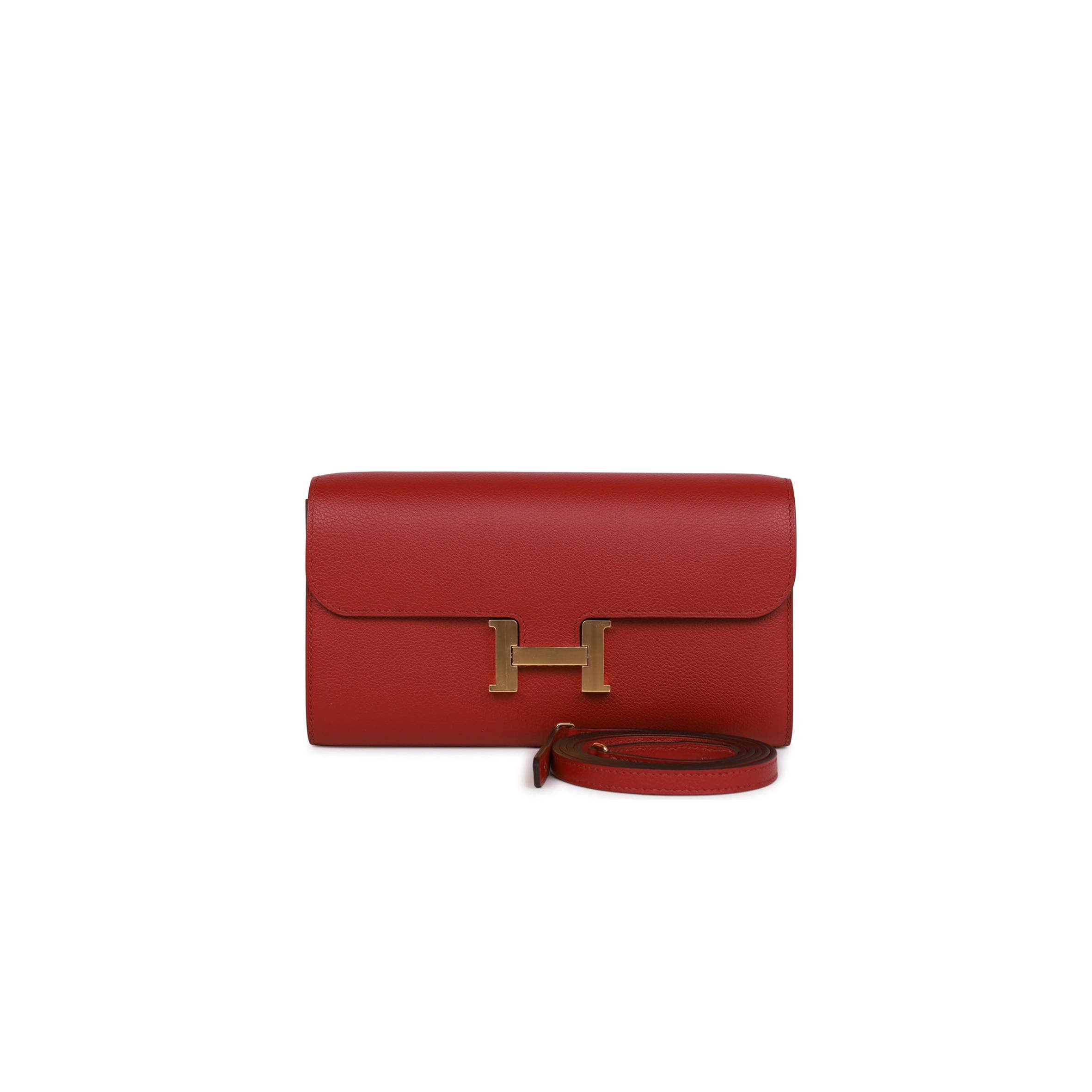 HERMES CONSTANCE WALLET TO GO ROUGE GRENAT EVERCOLOR GOLD HARDWARE (8*4.5*1.5cm)