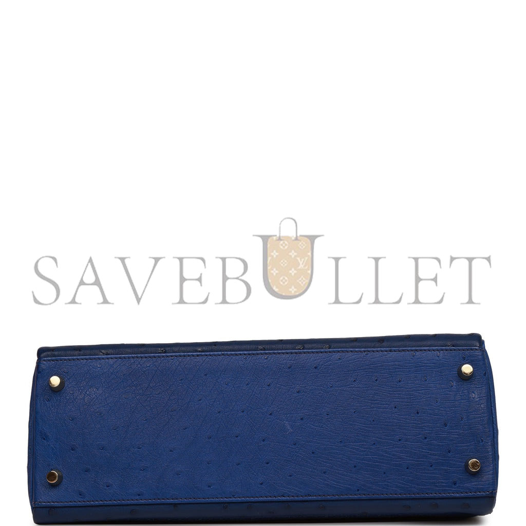 HERMES GHILLIES KELLY RETOURNE 32 BLEU SAPHIR, BLEU IRIS AND BLEU DE MALTE OSTRICH PERMABRASS HARDWARE (32cm)