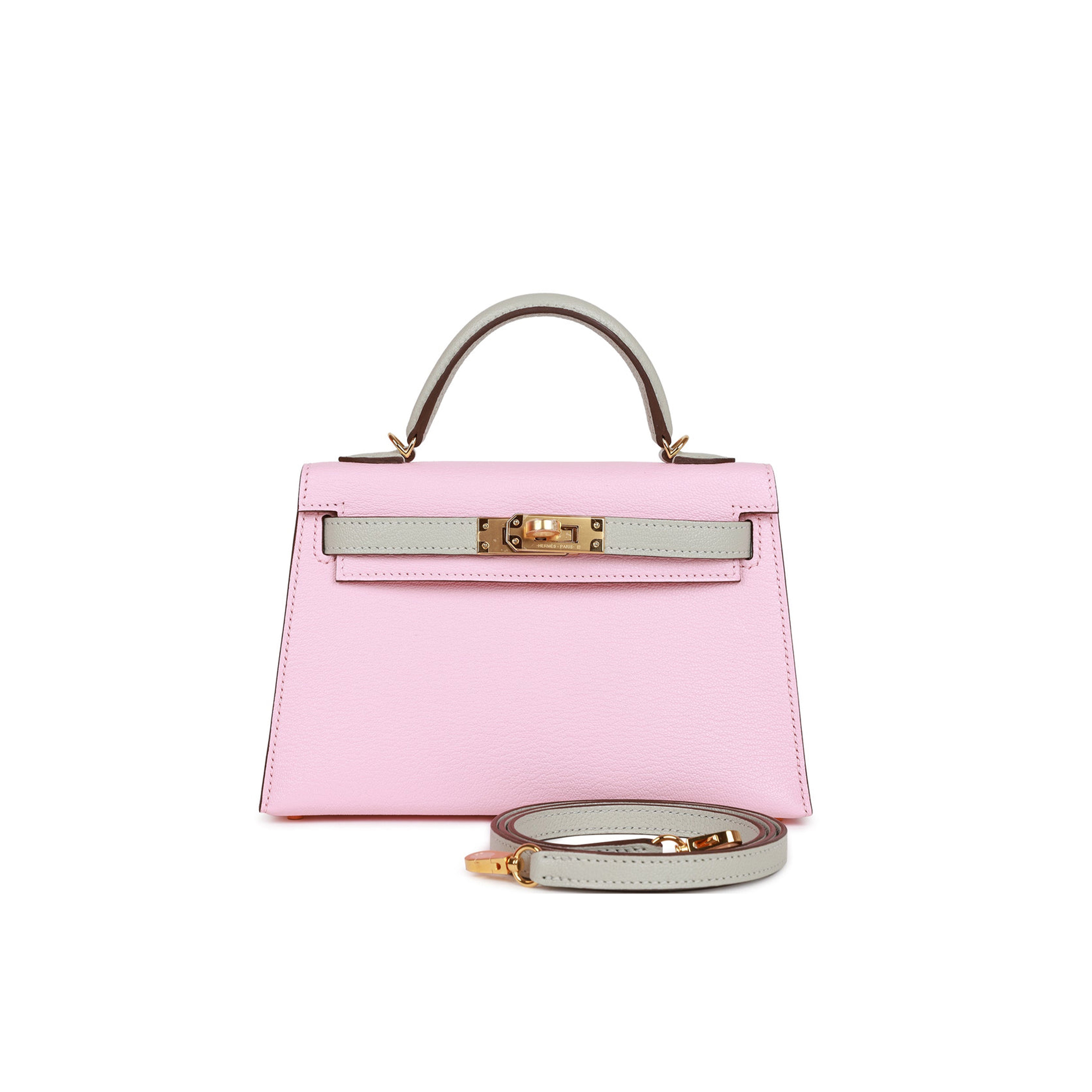 HERMES SPECIAL ORDER (HSS) KELLY SELLIER 20 ROSE SAKURA AND GRIS PERLE CHEVRE GOLD HARDWARE  (19*12*5.5cm)