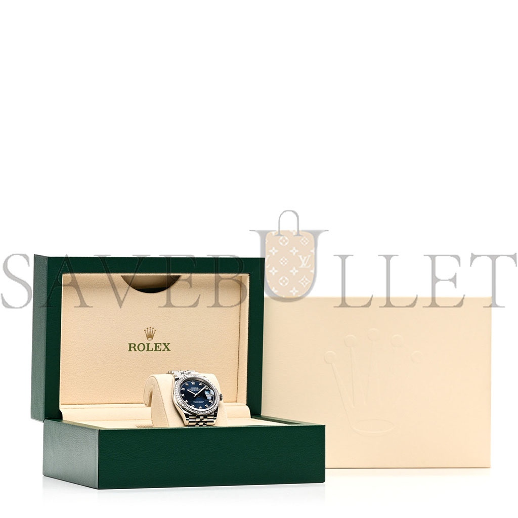 ROLEX STAINLESS STEEL 18K WHITE GOLD DIAMOND BEZEL 36MM OYSTER PERPETUAL DATEJUST WATCH BLUE 126284RBR