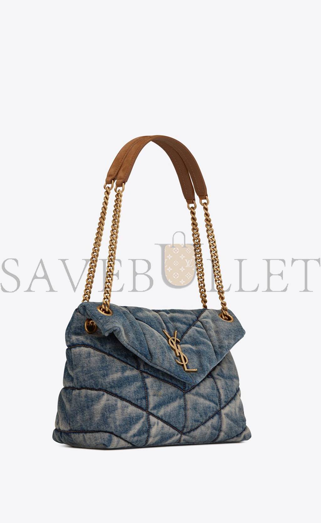 YSL PUFFER MEDIUM CHAIN BAG IN QUILTED VINTAGE DENIM AND SUEDE 5774752PT674575 (35*23*13.5cm)